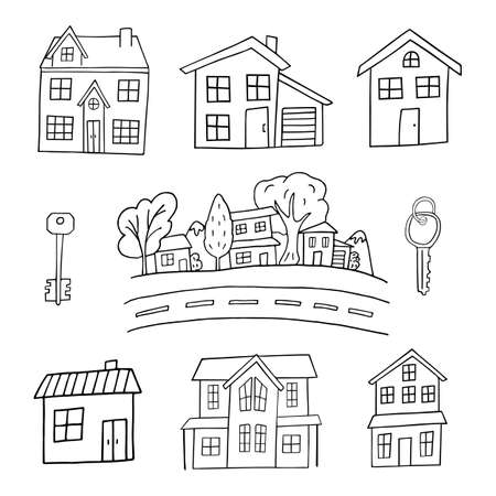 Vector illustration set of a house in doodle styleのイラスト素材