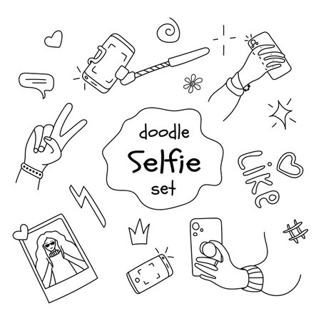 Hand drawn vector illustration of a selfie set.Isolated, on a white backgroundのイラスト素材