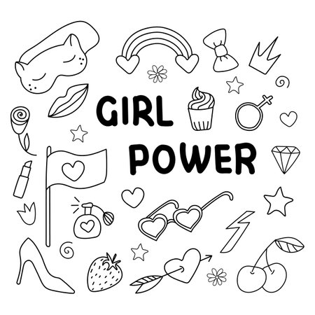 Hand drawn vector illustration set of girl power. isolated on white backgroundのイラスト素材