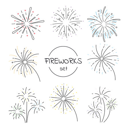 Hand drawn set of vector fireworks. isolated on white backgroundのイラスト素材