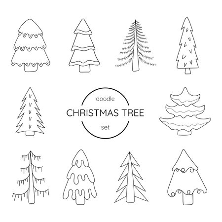 Hand drawn vector set of christmas fir trees. isolated on white backgroundのイラスト素材