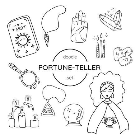 Hand drawn set of fortune teller, soothsayer. isolated on white backgroundのイラスト素材