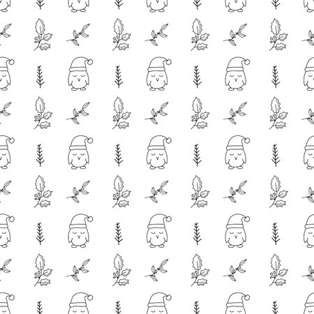 Christmas seamless pattern owl and plants hand drawn. isolated on white backgroundのイラスト素材