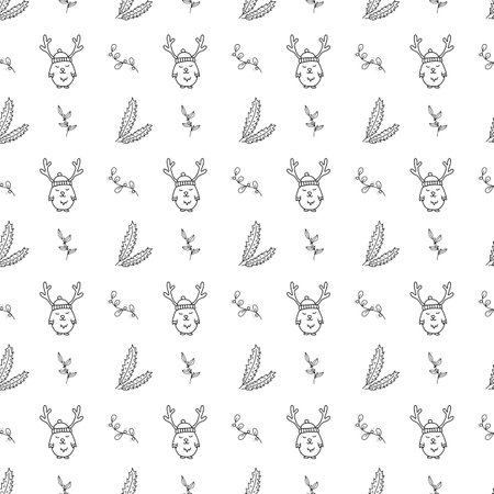 Christmas seamless pattern deer and plants hand drawn. isolated on white backgroundのイラスト素材