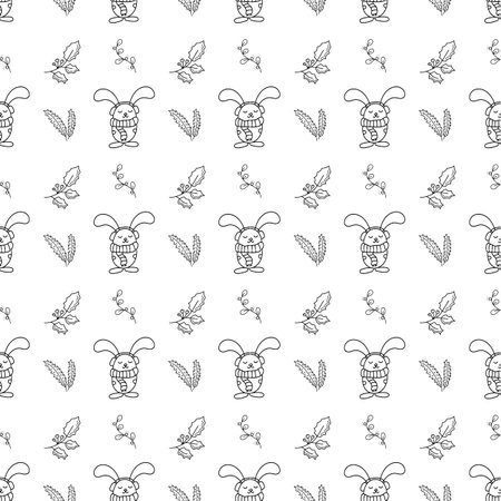 Christmas seamless pattern rabbit and plants hand drawnのイラスト素材