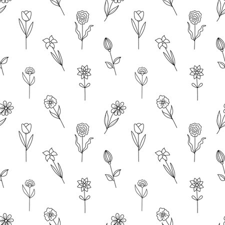 Hand drawn seamless pattern flowers in doodle style. isolated on white backgroundのイラスト素材