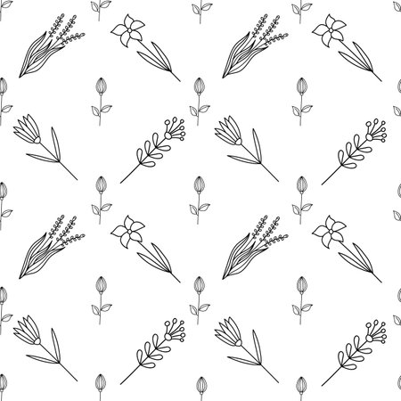 Hand drawn seamless pattern flowers in doodle style. isolated on white backgroundのイラスト素材
