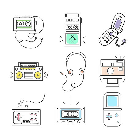 Hand drawn vector illustration set 90s, retro. isolated on white backgroundのイラスト素材