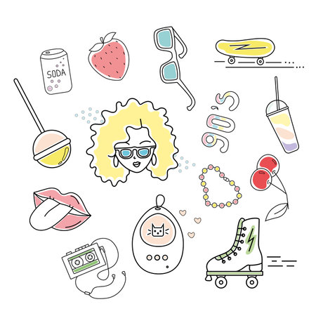 Hand drawn vector illustration set 90s, retro. isolated on white backgroundのイラスト素材
