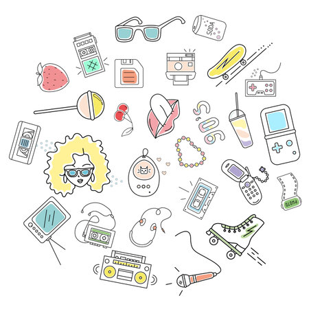 Hand drawn vector illustration set 90s, retro. isolated on white backgroundのイラスト素材