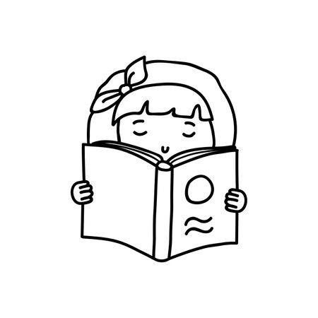 Hand drawn vector illustration of a girl reading. isolated on white backgroundのイラスト素材