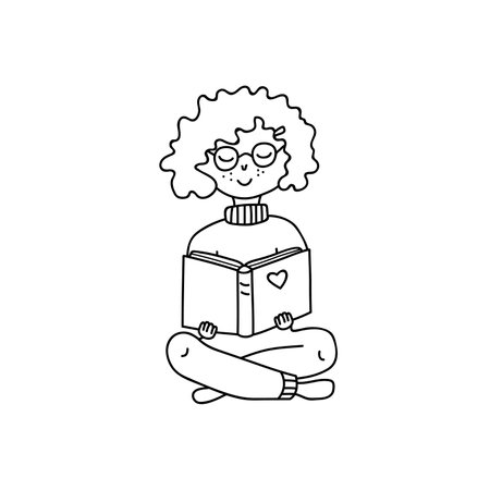 Hand drawn vector illustration of a girl reading. isolated on white backgroundのイラスト素材