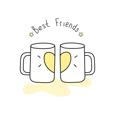 Vector illustration of two mugs, friendship, in doodle style. isolated on a white backgroundのイラスト素材