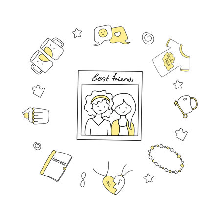 Vector illustration of best friends in doodle style. isolated on a white backgroundのイラスト素材