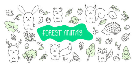 Vector set of illustrations of forest animals in doodle style.のイラスト素材