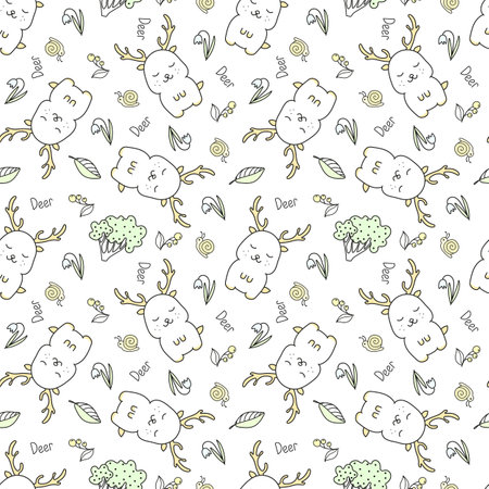 Vector illustration of cute deer seamless pattern in doodle style. isolated on white backgroundのイラスト素材