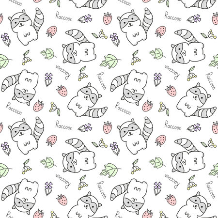 Vector illustration of cute raccoon seamless pattern in doodle style. isolated on white backgroundのイラスト素材