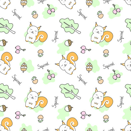 Vector illustration of cute squirrel seamless pattern in doodle style. isolated on white backgroundのイラスト素材