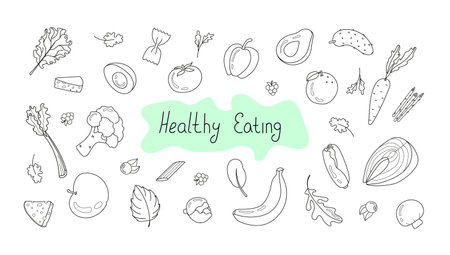 Vector illustration set of healthy food in doodle style.のイラスト素材