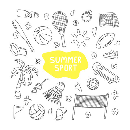 vector set on the theme of summer sport in doodle styleのイラスト素材
