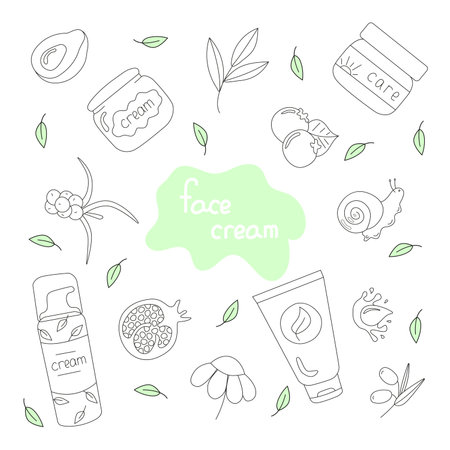 Vector set illustration of face cream in doodle styleのイラスト素材