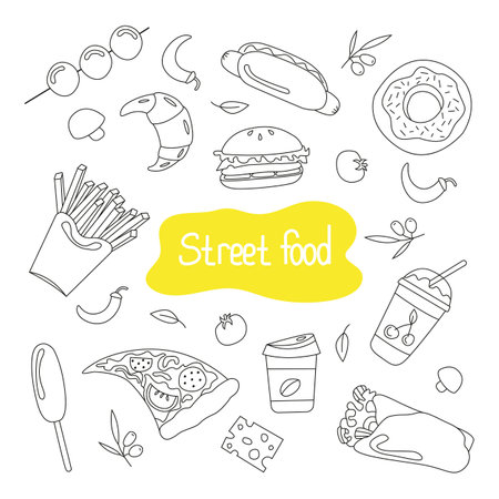 set of vector illustrations street food in doodle styleのイラスト素材