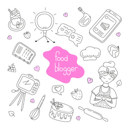 Vector set of food blogger illustrations in doodle styleのイラスト素材