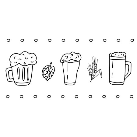 Hand drawn beer mug vector illustration. Doodle style isolated on white background. Contains 3 mugs of beer, hops, maltのイラスト素材