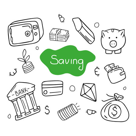 Hand drawn illustration set of savings, money. Doodle style. isolated on white background.のイラスト素材