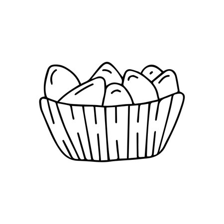 vector illustration of chicken eggs in a basket. Hand drawn, doodle. isolated on white backgroundのイラスト素材