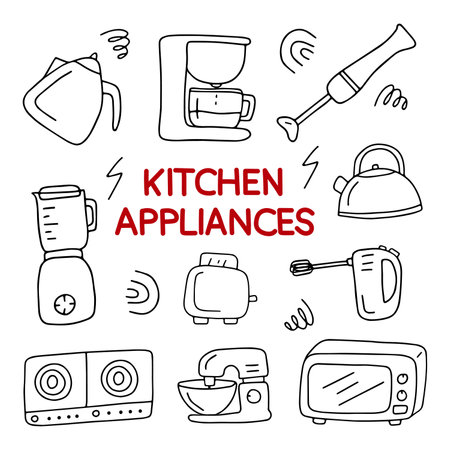 Set of vector illustrations of kitchen appliances. hand drawn.のイラスト素材