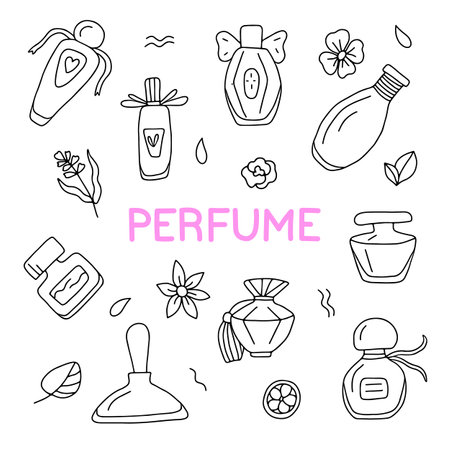 Hand drawn set of perfume vector illustrations. isolated on white backgroundのイラスト素材