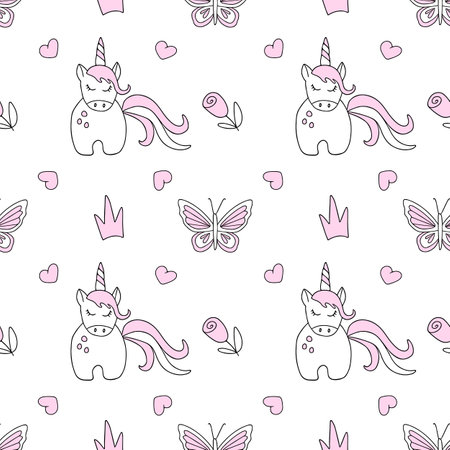 Seamless vector pattern baby unicorn in doodle style.のイラスト素材