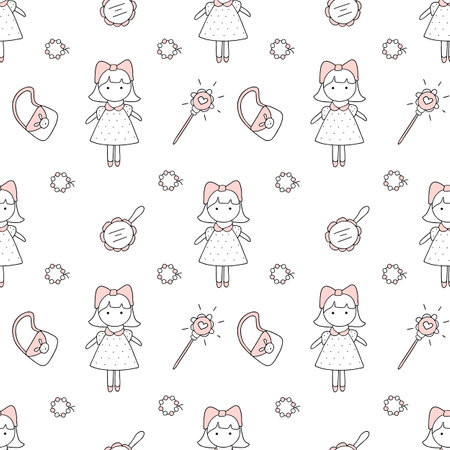 Seamless vector pattern baby doll in doodle style.のイラスト素材