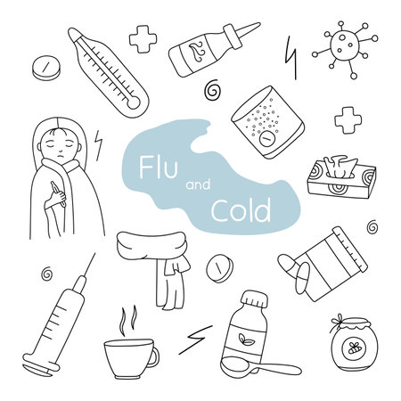 Hand drawn set of flu and cold vector illustrationsのイラスト素材