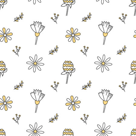 Seamless vector pattern wild flowers in doodle style. isolated on white backgroundのイラスト素材