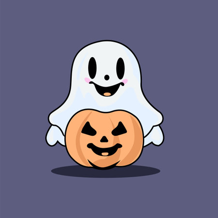 Vector illustration of a ghost with a pumpkin. In cartoon styleのイラスト素材