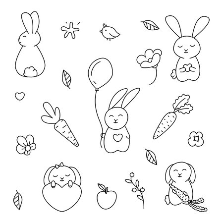 Set of Vector illustrations of bunnies in doodle style. Isolated on white backgroundのイラスト素材