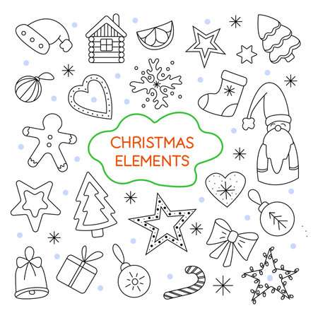 Christmas elements set. Vector illustration in doodle style. Isolated on white backgroundのイラスト素材