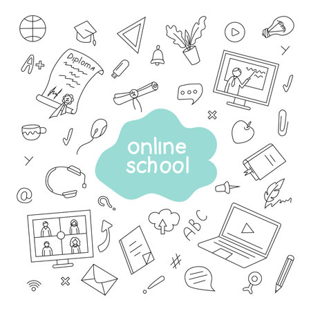 Online training set. Vector illustration in doodle style. Isolated, on a white background.のイラスト素材
