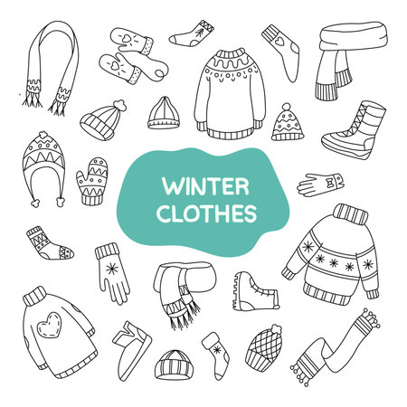 Winter clothes set. Vector illustration in doodle style. Isolated on white background.のイラスト素材