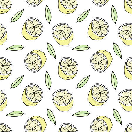 Lemon. Vector seamless pattern in doodle style.のイラスト素材