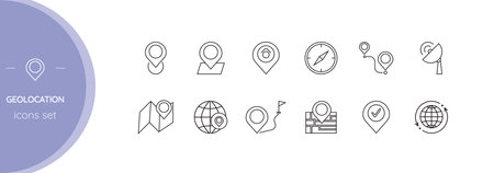 Set of vector line icons of geolocation and navigation. Editable stroke.のイラスト素材