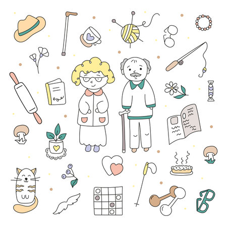 Grandfather and grandmother set. Vector illustration in doodle style.のイラスト素材