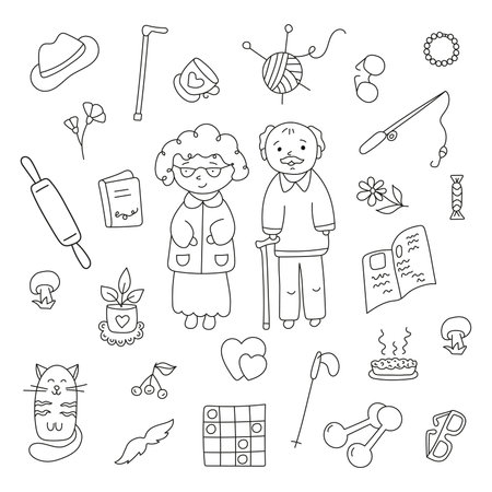 Grandfather and grandmother set. Vector illustration in doodle style.のイラスト素材