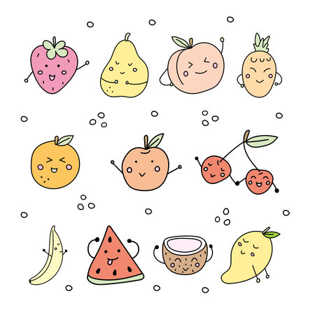 Set of cute fruits. Vector illustration in doodle style.のイラスト素材