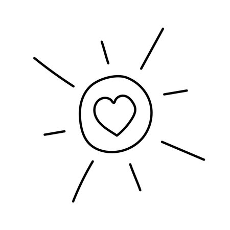 Sun with heart in doodle style. Vector illustration isolated on white backgroundのイラスト素材