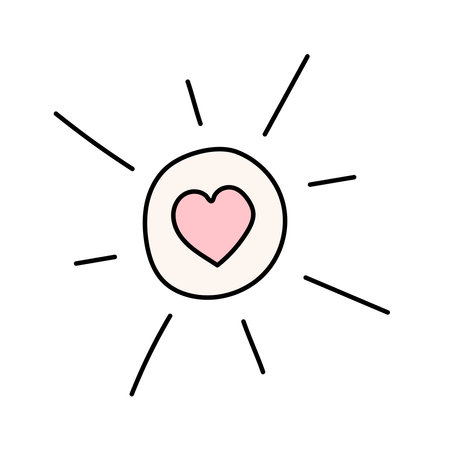 Sun with heart in doodle style. Vector illustration isolated on white backgroundのイラスト素材