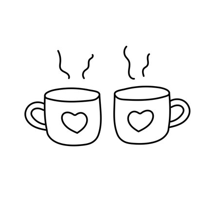 Paired mugs with hearts in doodle style. Vector illustration isolated on white backgroundのイラスト素材