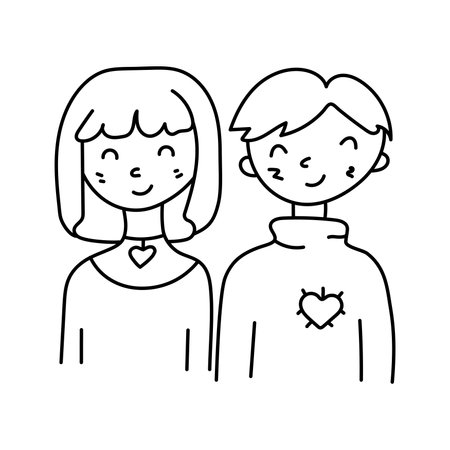 Couple in love in doodle style. Vector illustration isolated on white backgroundのイラスト素材